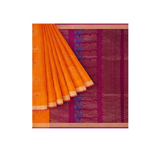 Women Sirumugai Handloom Kovai Cora Silk Cotton Saree with Geometrical Thread Buttas with simple Contrast Border and Thread Pallu with Running Blouse in Contrast Thread Design